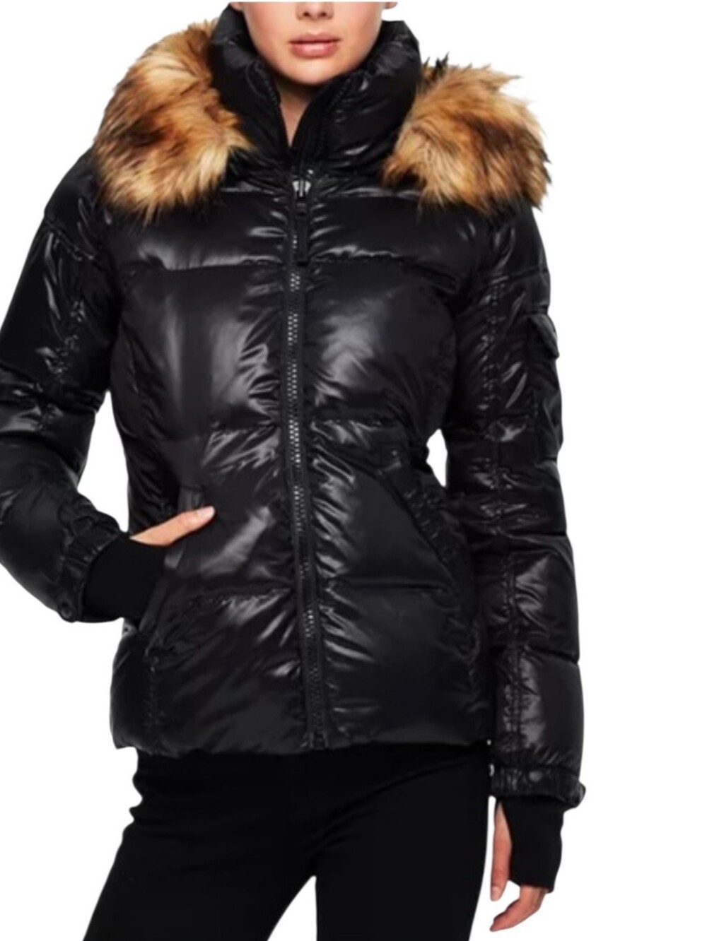 S13 Allie Black Faux Fur Hood Down Puffer Jacket Black Glossy Winter Coat Sz S
